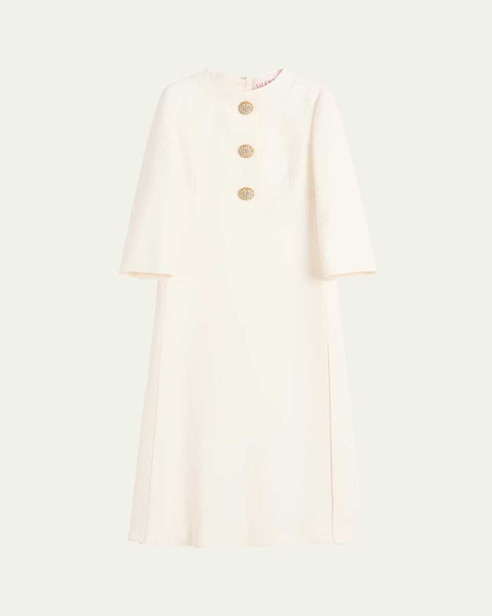 Quarter-Sleeve Brooch Wool Midi Dress